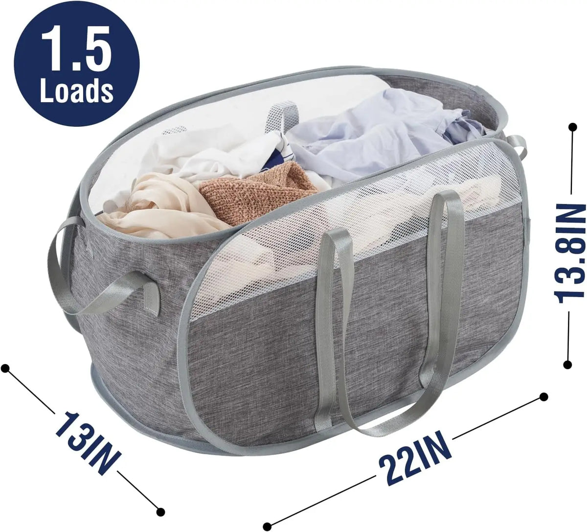 A gray collapsible laundry hamper filled with clothes, showing its size and capacity.