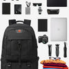 A large black travel backpack featuring multiple compartments, including a laptop sleeve and shoe storage.