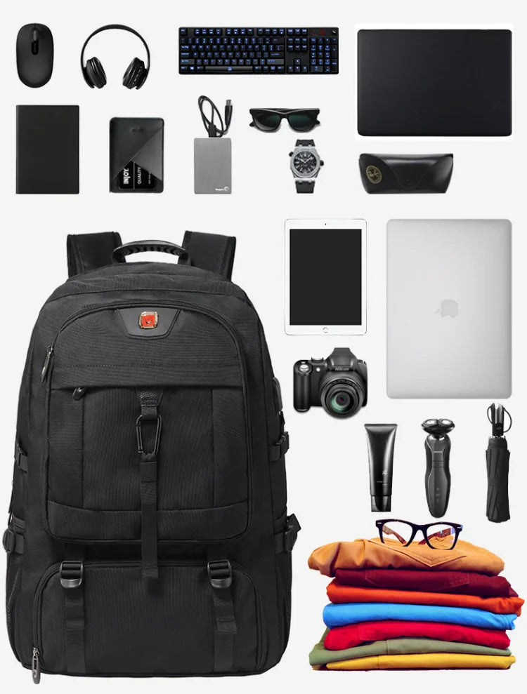 A large black travel backpack featuring multiple compartments, including a laptop sleeve and shoe storage.