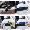 Close-up images showing the installation and finish of reflective safety strips on a car mirror.
