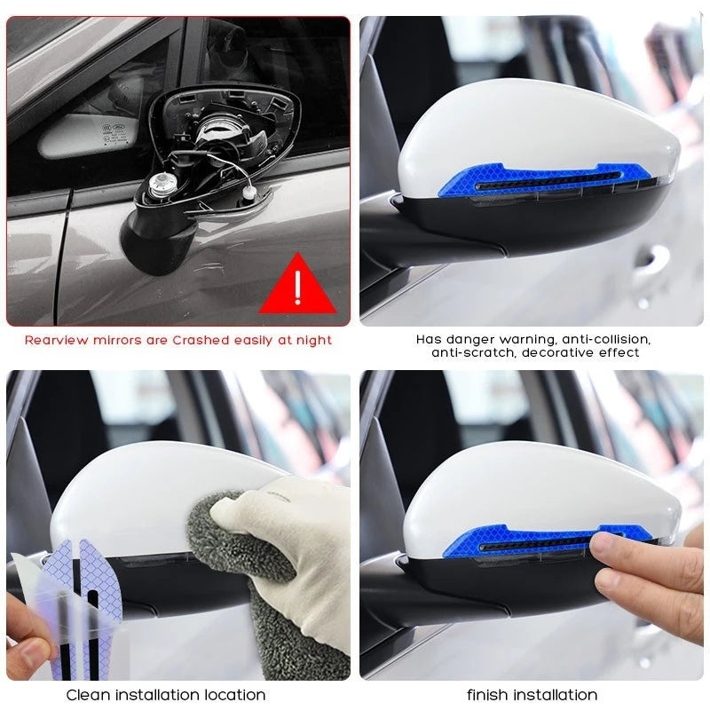 Close-up images showing the installation and finish of reflective safety strips on a car mirror.