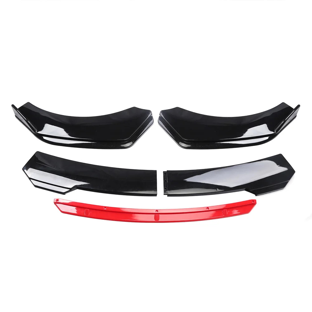 Set of black and red front bumper lip spoiler and side skirt kit for vehicle