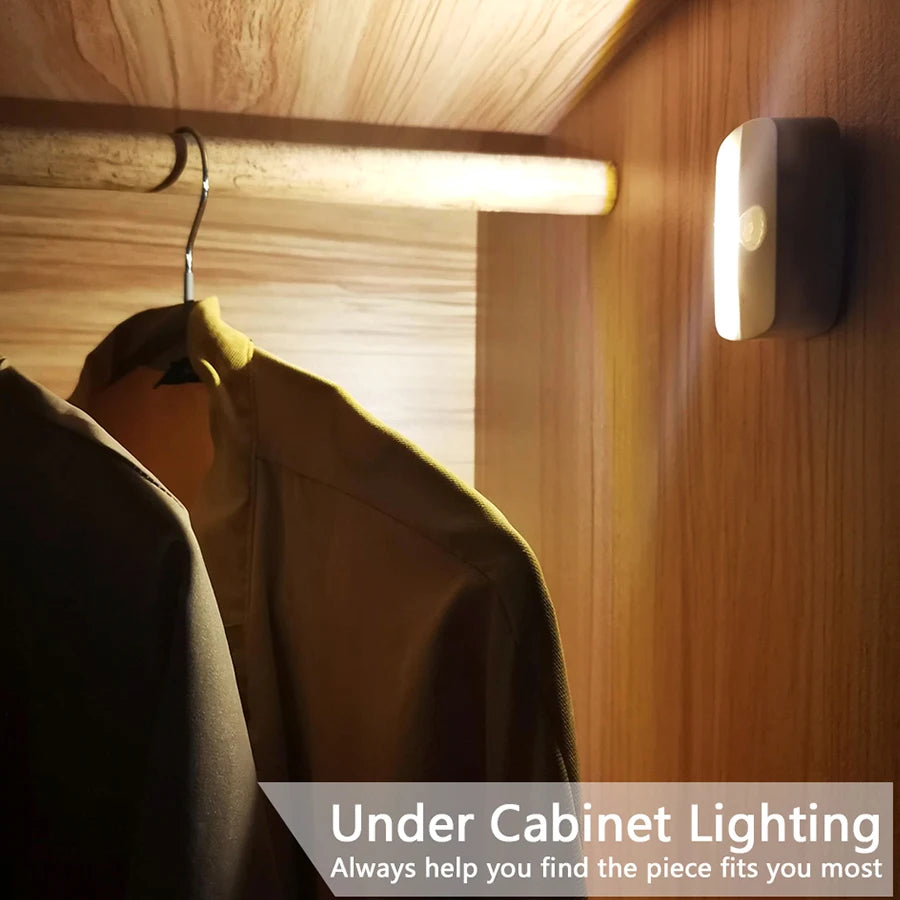 Under cabinet lighting illuminating a wooden cabinet interior with a mounted LED light fixture
