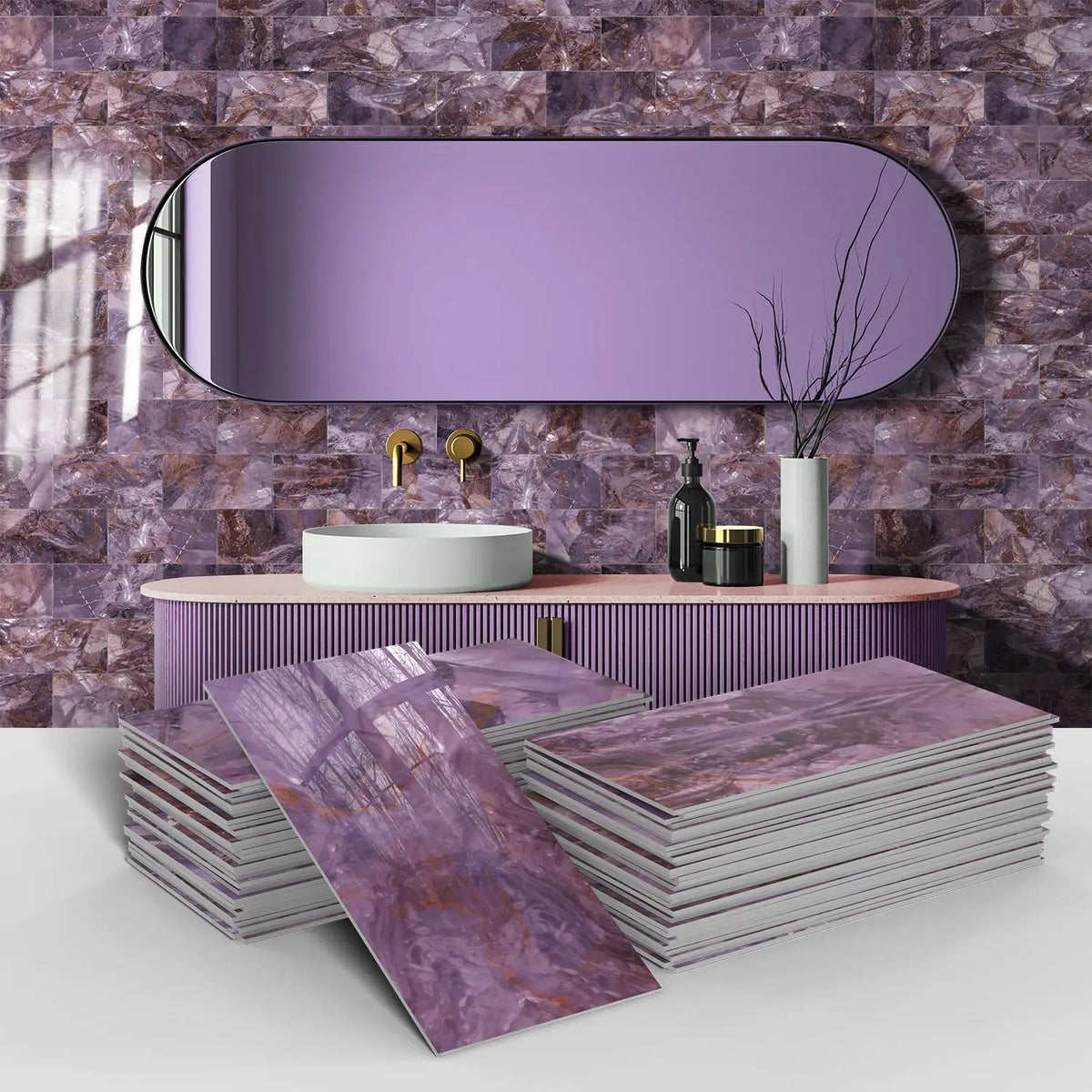 A display of purple and pink marble self-adhesive wall stickers or tiles stacked on a white counter in a bathroom setting.