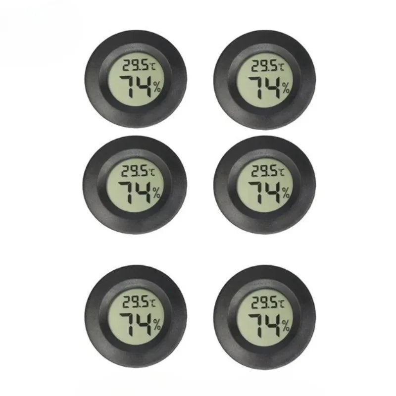 Three views of a black mini digital hygrometer thermometer showing a temperature of 29.5°C and 74% humidity.