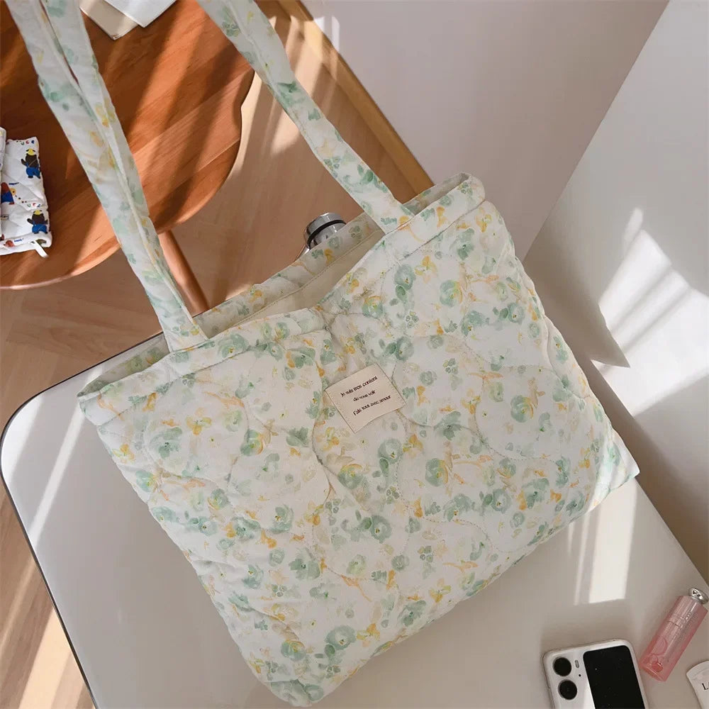 Quilted Floral Cotton Tote Bag with Padded Handle