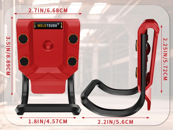 A red heavy-duty belt hammer holder with a secure grip shown with its dimensions.