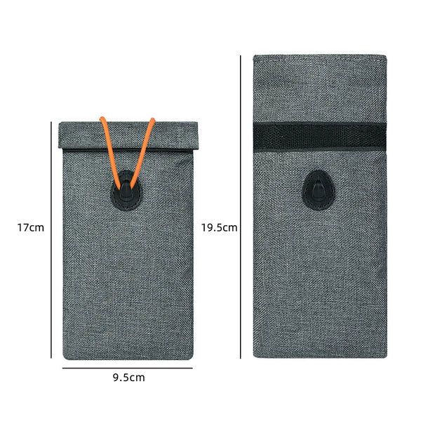 Bolsa de tela gris con cordón naranja para bloquear señales de llaves y teléfonos