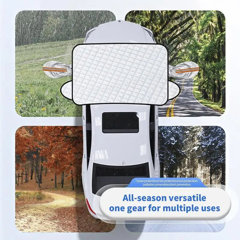 Weißes Auto-Windschutzscheibe mit magnetischer Sonnenschutz- und Schneedeck-Installation mit klarem Schutzpanel.