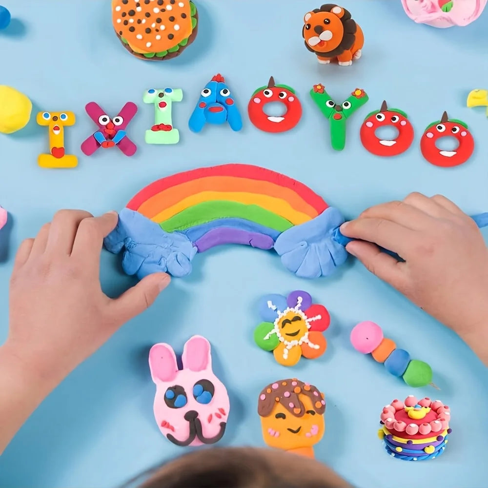 A colorful air dry clay modeling set with various tools and shapes arranged on a blue background.