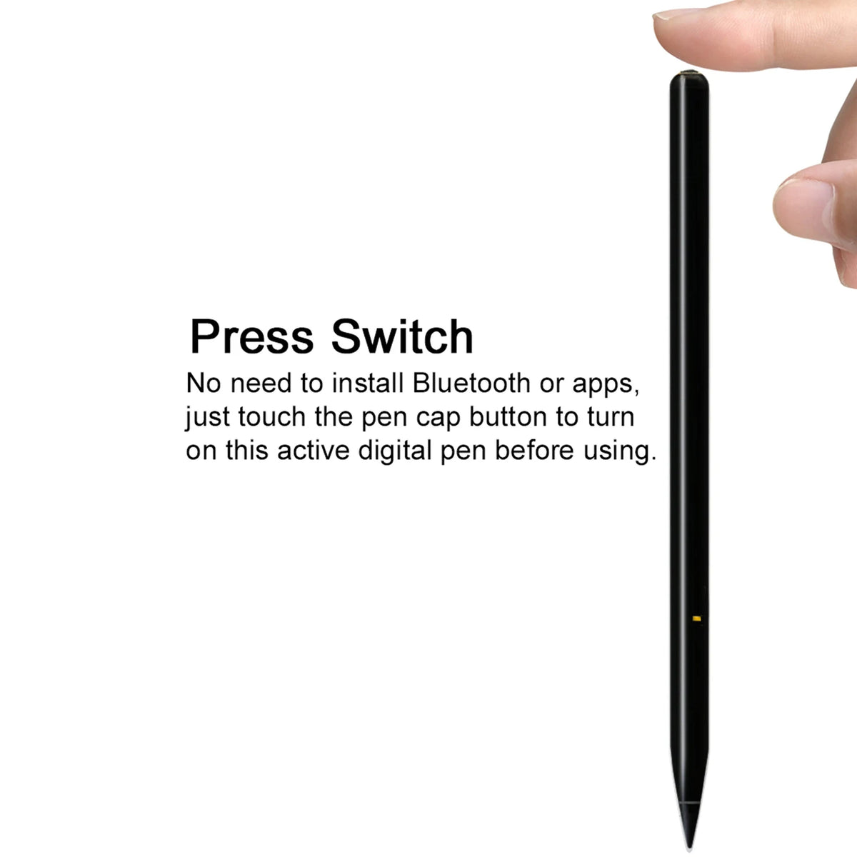 Close-up of a black digital pen showing the press switch mechanism for turning the active digital pen on.