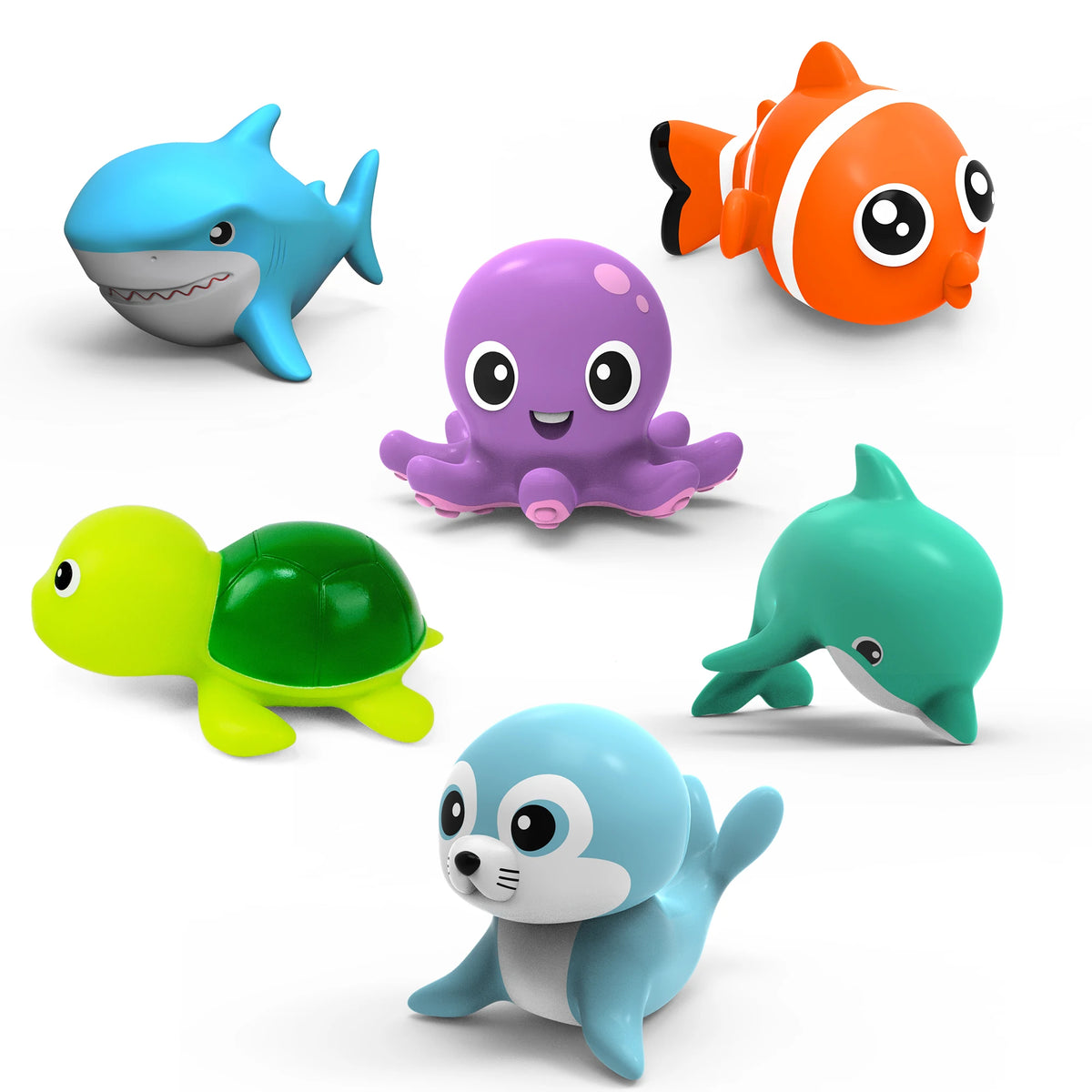 A set of eight colorful wind-up sea animal bath toys including a blue shark, orange fish, purple octopus, green turtle, and b