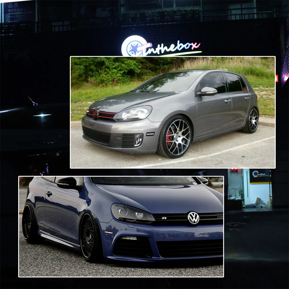 A side-view photo of a gray Volkswagen MK6 GTI with aftermarket LED front side marker lights installed.