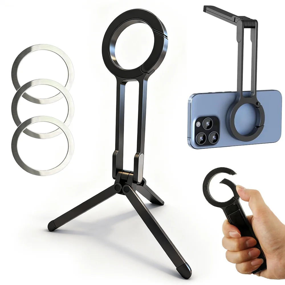 A black magnetic phone tripod with a carabiner clip is shown alongside multiple metal rings and a hand holding the device.