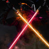 A person wielding a glowing pink lightsaber against a dark background with bright yellow light beams.