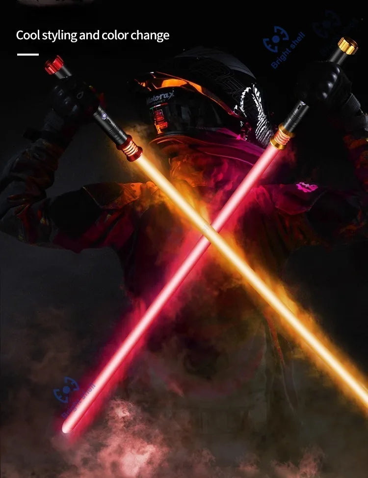 A person wielding a glowing pink lightsaber against a dark background with bright yellow light beams.