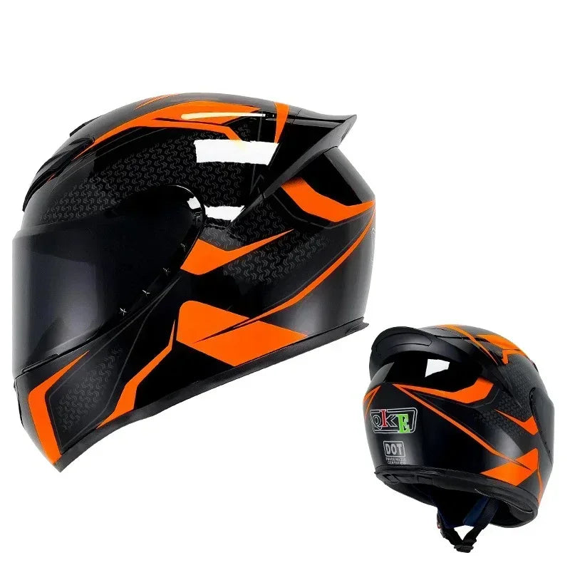 Black and orange retro full face motorcycle helmet with a removable liner