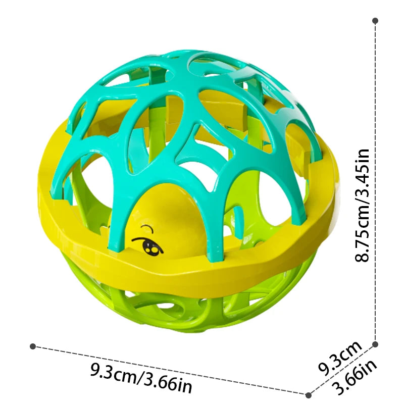 A bright yellow and teal baby sensory spinning rattle toy set with a green base.