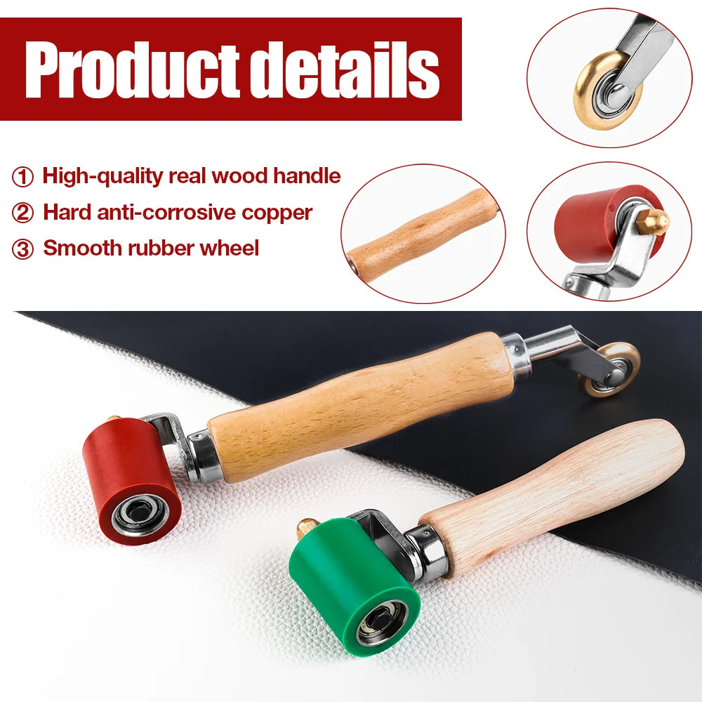 A close-up view of a silicone seam roller tool with a wooden handle and metal components.