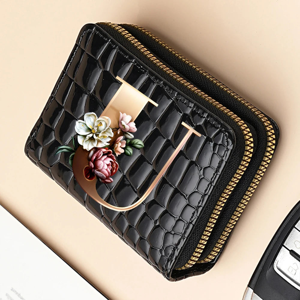 Alphabet Flower Double-Zip Card Wallet with Secure Clasp
