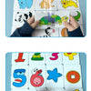 A set of colorful puzzle cards featuring various animals and fruits for a toddler matching game