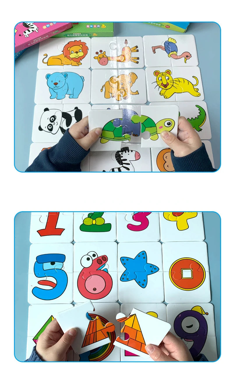 A set of colorful puzzle cards featuring various animals and fruits for a toddler matching game