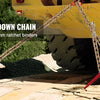 A close-up of a clevis hook tie-down chain used for securing heavy equipment, compatible with 3/8 in 10 mm ratchet binders.
