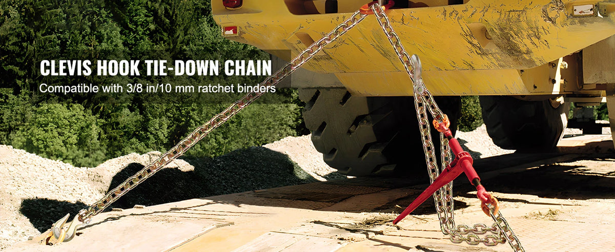 A close-up of a clevis hook tie-down chain used for securing heavy equipment, compatible with 3/8 in 10 mm ratchet binders.