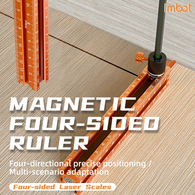 A close-up of an orange magnetic four-sided ruler being used to mark a wooden surface.