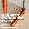 A close-up of an orange magnetic four-sided ruler being used to mark a wooden surface.