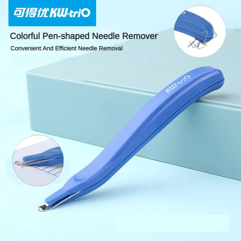 A blue pen-shaped needle remover tool is shown on a light blue box, demonstrating its design for convenient and efficient nee