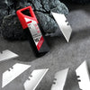 A red and black utility knife blade set is displayed on a gray surface next to several silver replacement blades.