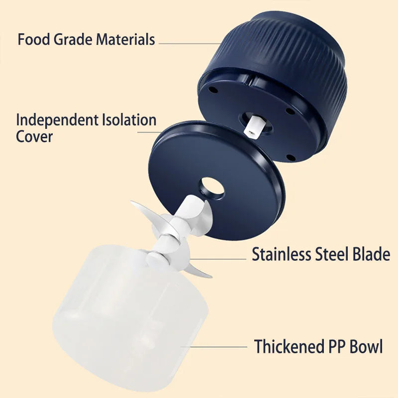A mini electric food chopper assembly showing food grade materials, an independent isolation cover, a stainless steel blade, 