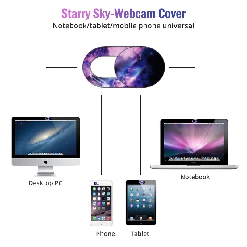 A purple and blue privacy webcam cover slider designed to protect notebooks, tablets, and mobile phones.