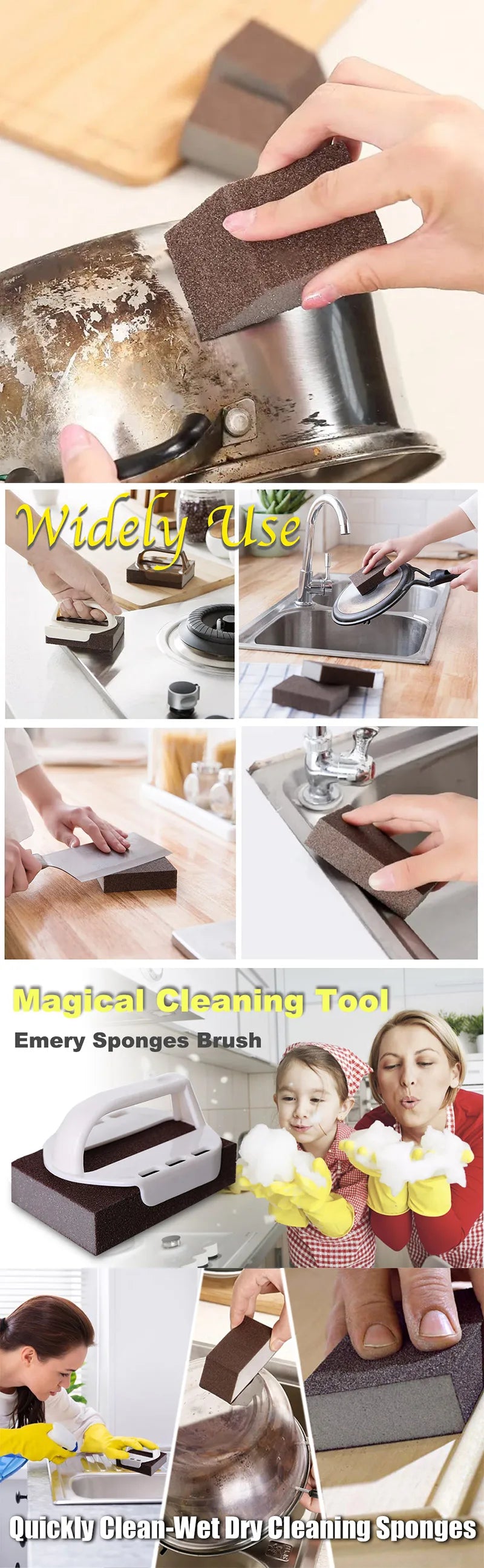 A hand is using a heavy-duty emery sponge brush to clean a metal pot or pan.