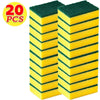 A stack of twenty green and yellow reusable double-sided cleaning sponges.