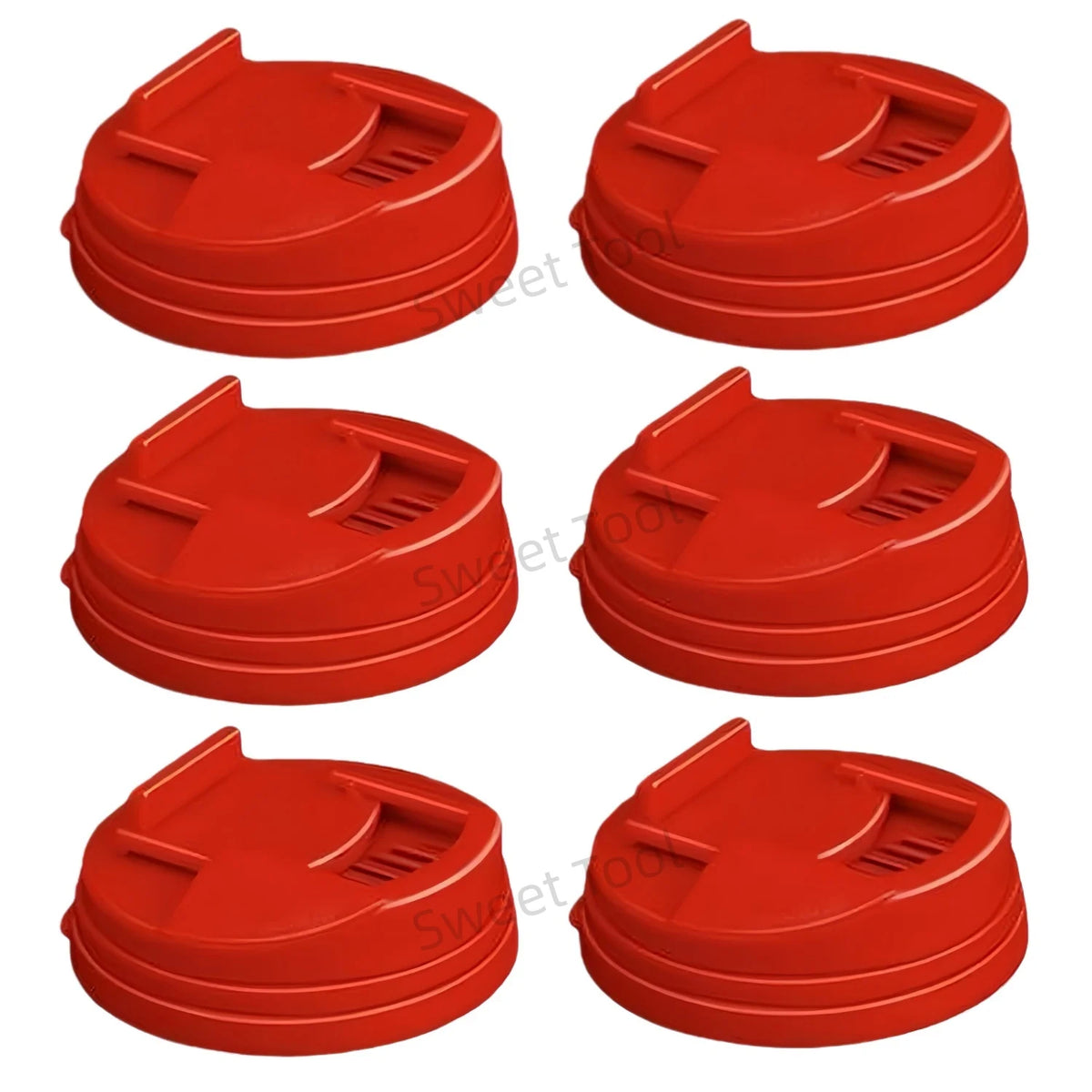 A set of six reusable silicone can covers in bright red.