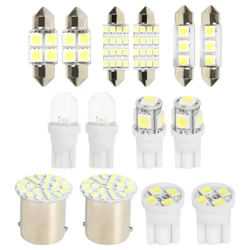 A set of car interior LED bulbs including T10 and festoon dome lights for various vehicle applications.