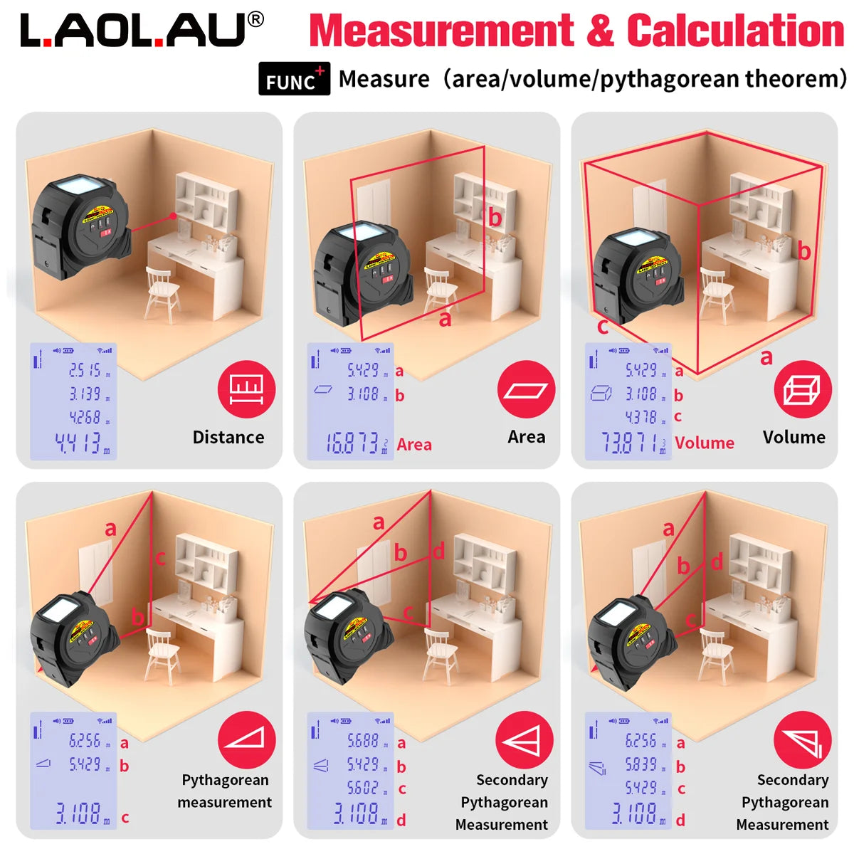 3-in-1 Laser Distance Measurer with Tape Measure and Cross-Line Level