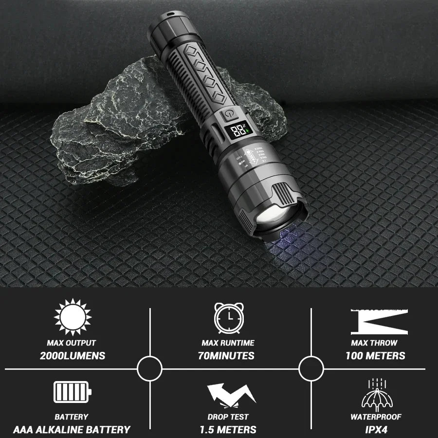 A black rechargeable LED flashlight with a digital display and various technical specifications shown on the packaging.