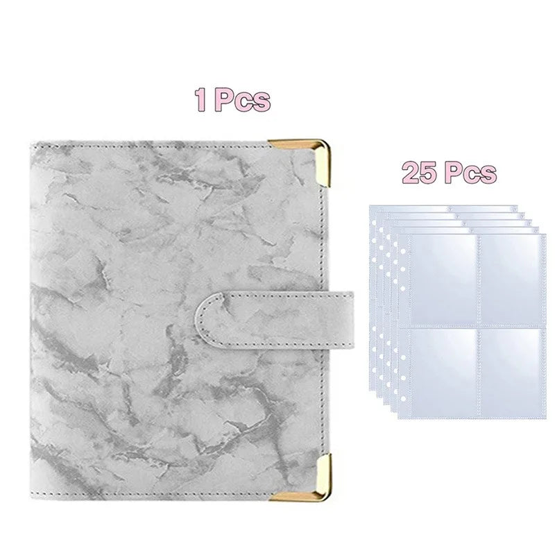 A gray marble-textured A5 PU photocard album with a leather cover and 25 included pages.