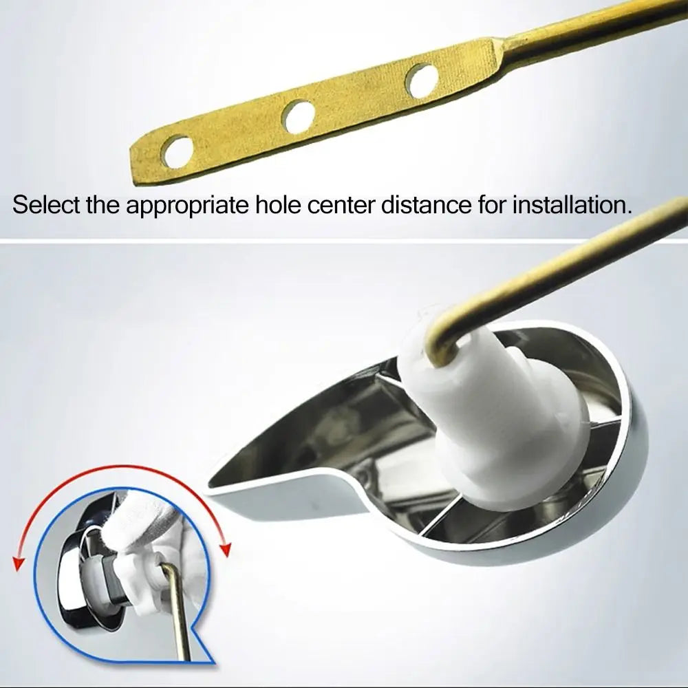 Brass toilet tank flush lever with side mount design showing a hole center distance for installation