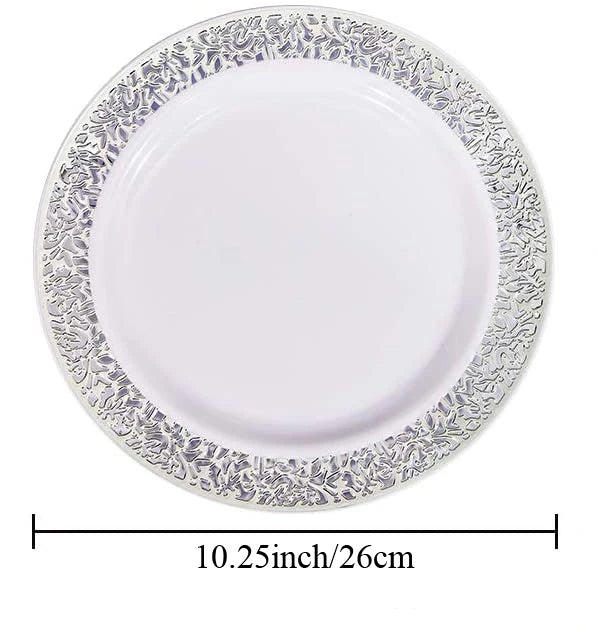 Elegant White Disposable Dinner Plates with Silver Lace Design
