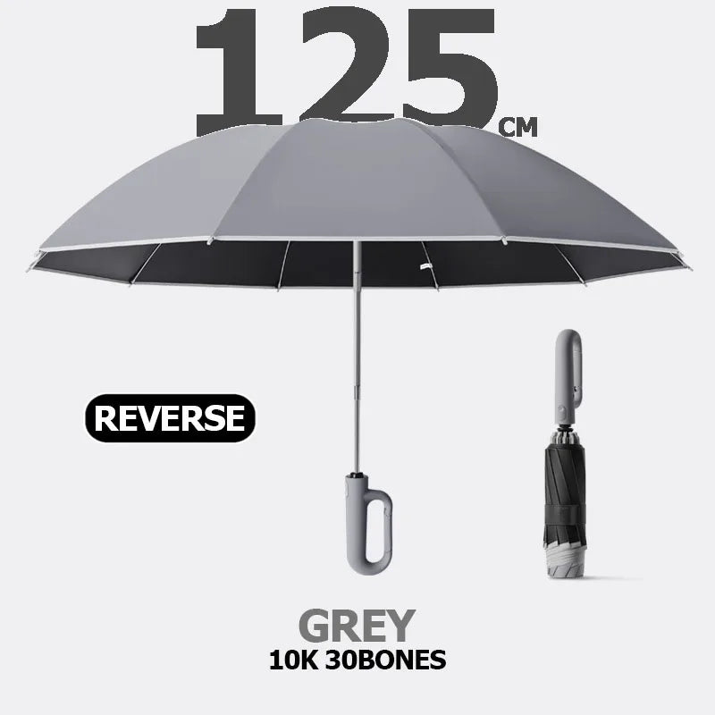 Auto Reverse-Folding Umbrella with Reflective Stripe & Carabiner Handle