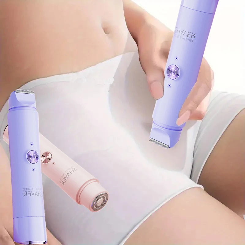 A hand holds a purple electric hair removal device and a pink version, demonstrating the 2-in-1 device on skin.