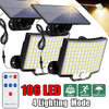 Solar powered motion sensor flood light with detachable panel featuring 106 LED lights and 4 lighting modes