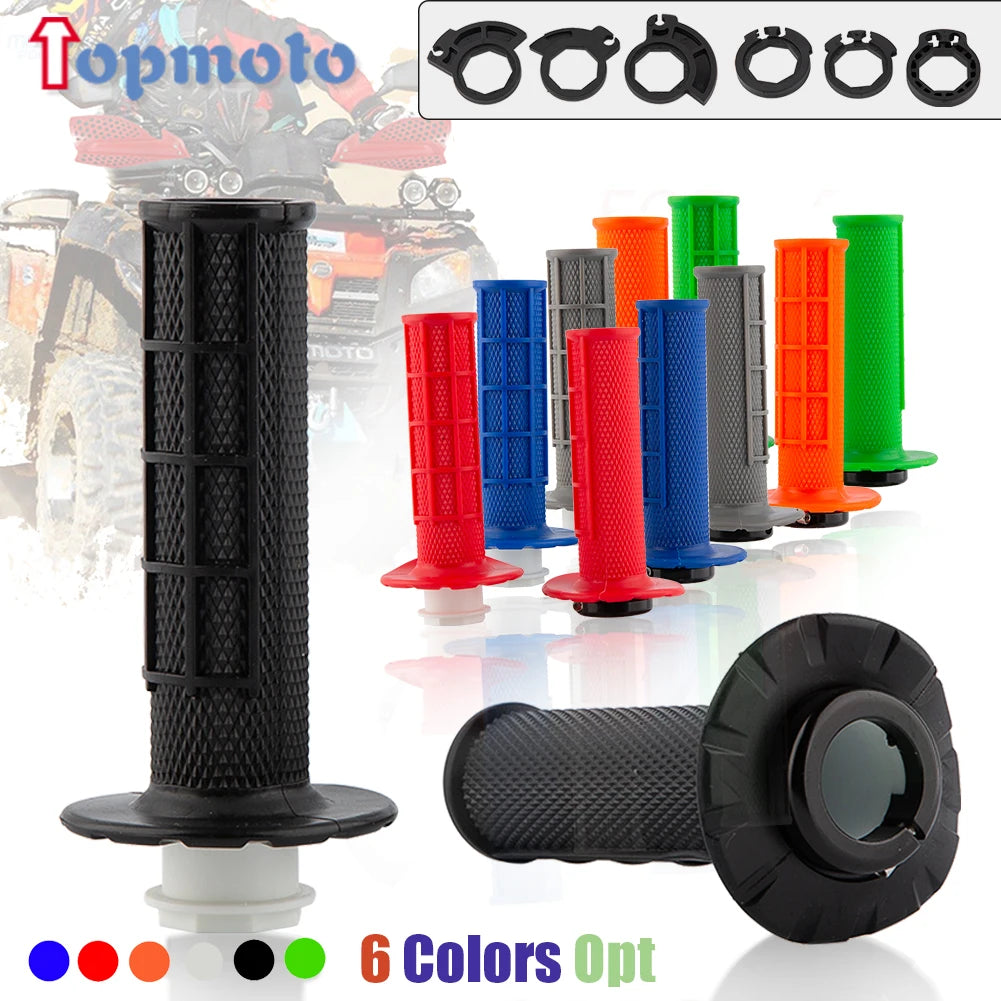 Collection de six poignées en silicone colorées et un support de poignée noir pour vélos tout-terrain.