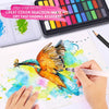 A hand paints a vibrant watercolor bird on paper using paint from a professional set with a metal case.