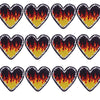 A pack of ten heart-shaped embroidered iron-on patches featuring a rock skull and flame design on black fabric with gold acce