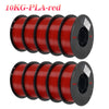A bundle of ten red PLA filaments for 3D printing, labeled as 10KG-PLA-red.
